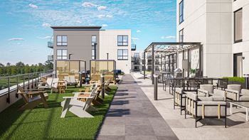 a rendering of a patio area with chairs and tables